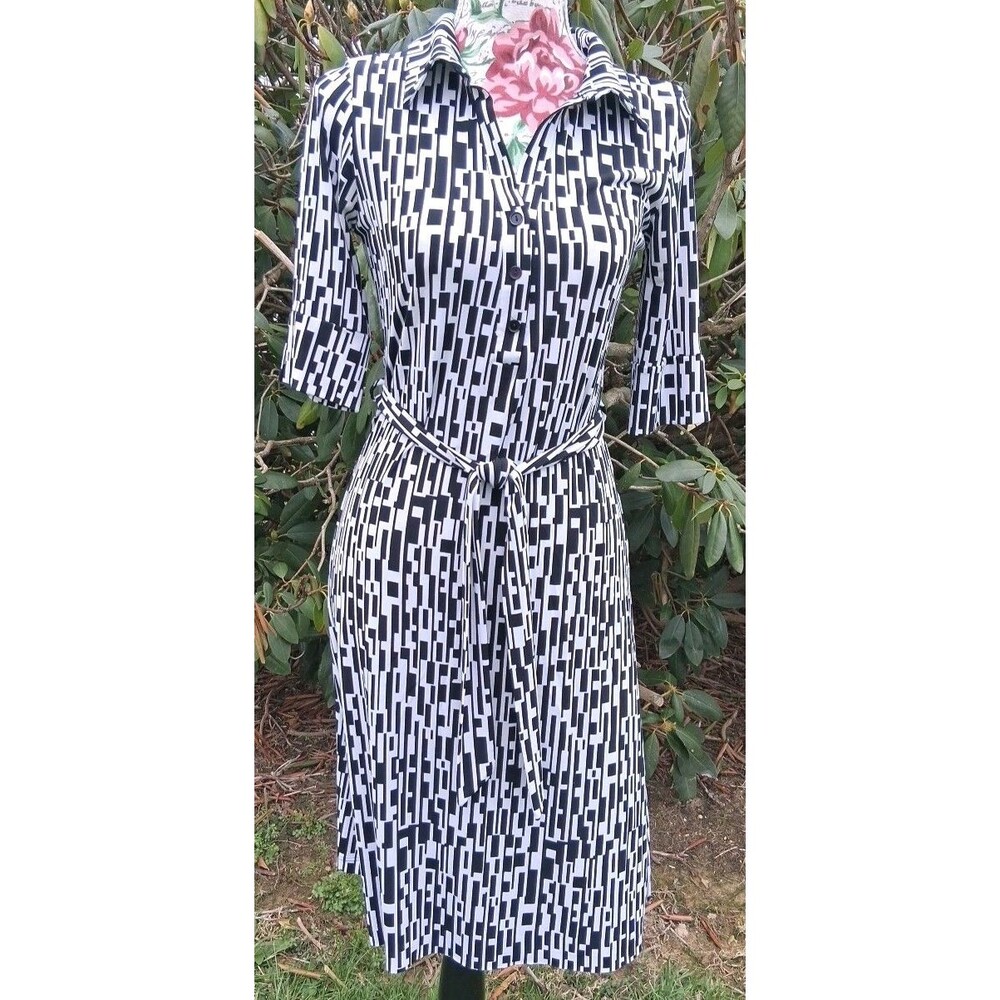 Vintage 90s Hypnotik Midi belted Dress Womens Med Black White Boho Office Siren
